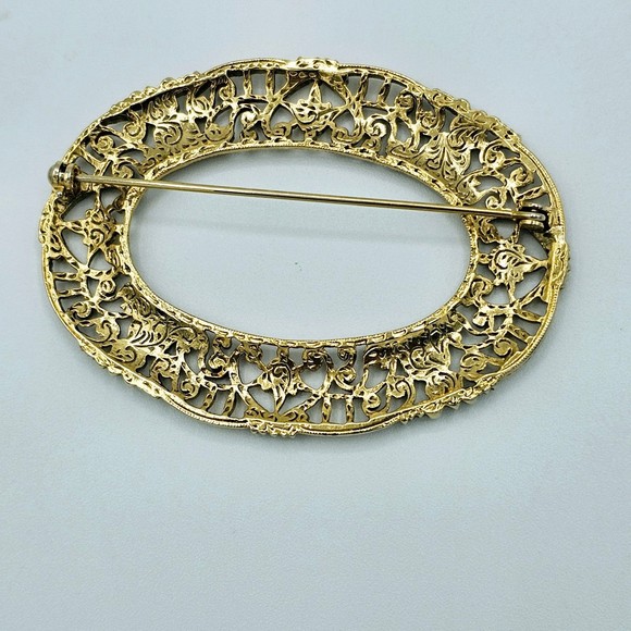 Victorian Brooch Sash Scarf Pin Filigree Vintage Scroll Oval Frame Large - Picture 5 of 7